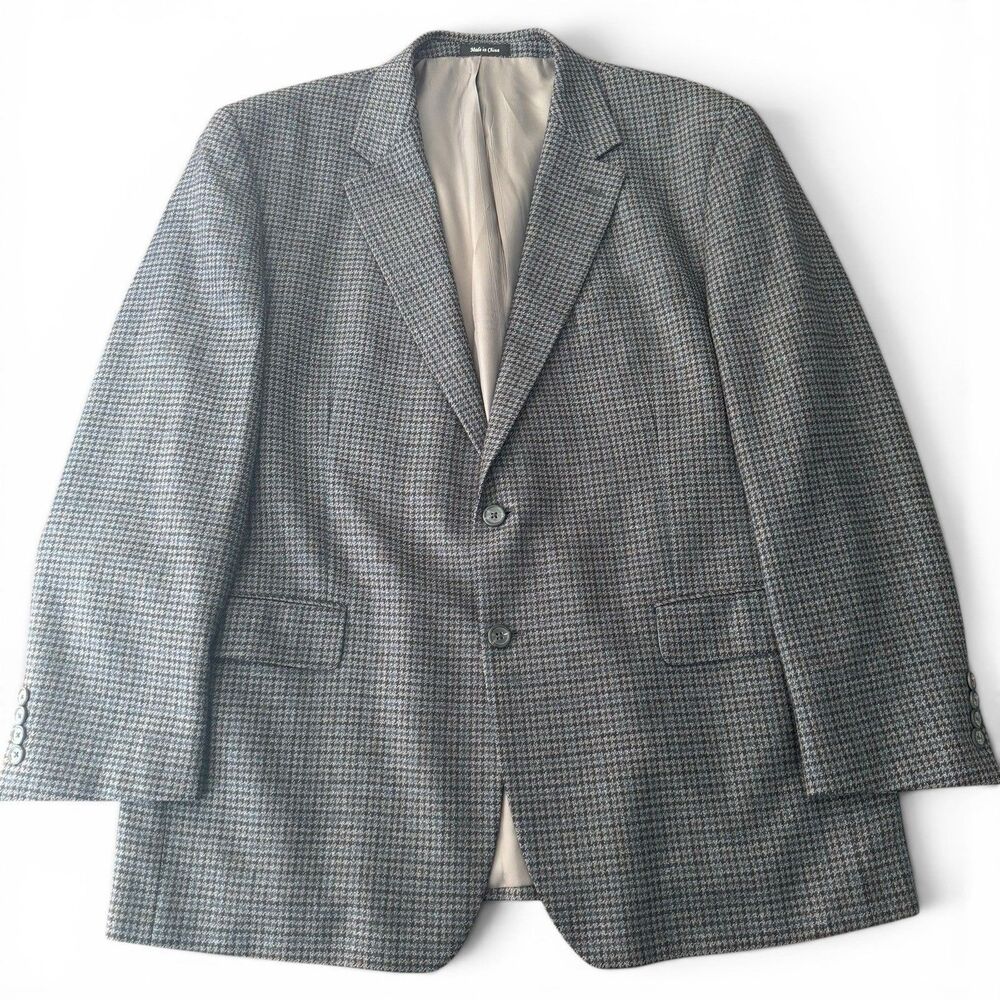 Ralph Lauren Blazer Men 46L Gray Houndstooth Glen Plaid 100% Wool Sport Coat